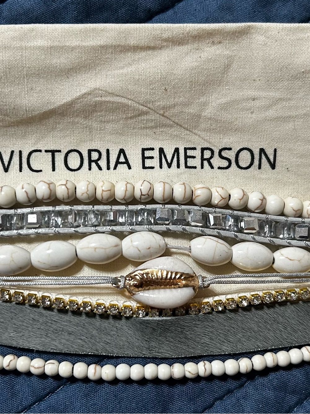Victoria Emerson White and Gold Layered Beaded Bracelet with Shell Accent